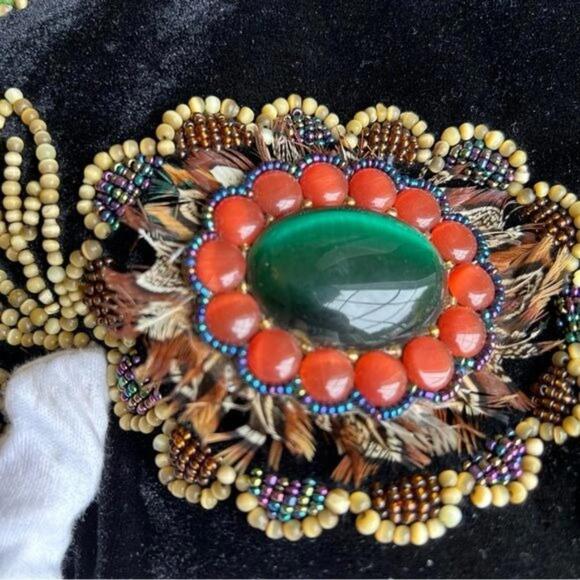 VINTAGE Boho Crescent Beaded Feather Embellished Hobo Shoulder Bag LIKE NEW - Picture 6 of 15